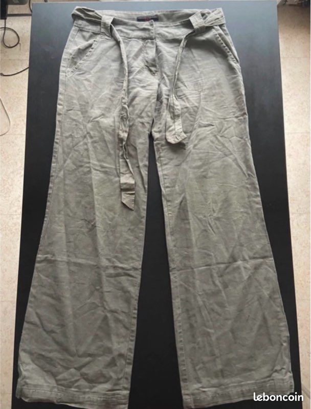 Pantalon en lin de marque Jennyfer, Kaki, Coupe jambe large, Taille 38 (image 1)