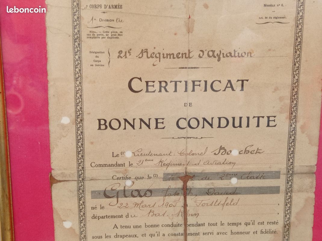 Ancien Pas courant Certificat de Bonne Conduite 21 Régiment d'Aviation sous cadre Décerné le 21 mai 1926 - Récipiendaire de Forstfeld en Alsace (image 2)