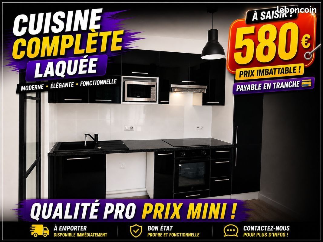 Cuisine équipée noir en L en destockage⁫‍⁮⁠⁮⁬⁢⁠⁫⁮‌⁮‌‌⁫ (image 1)