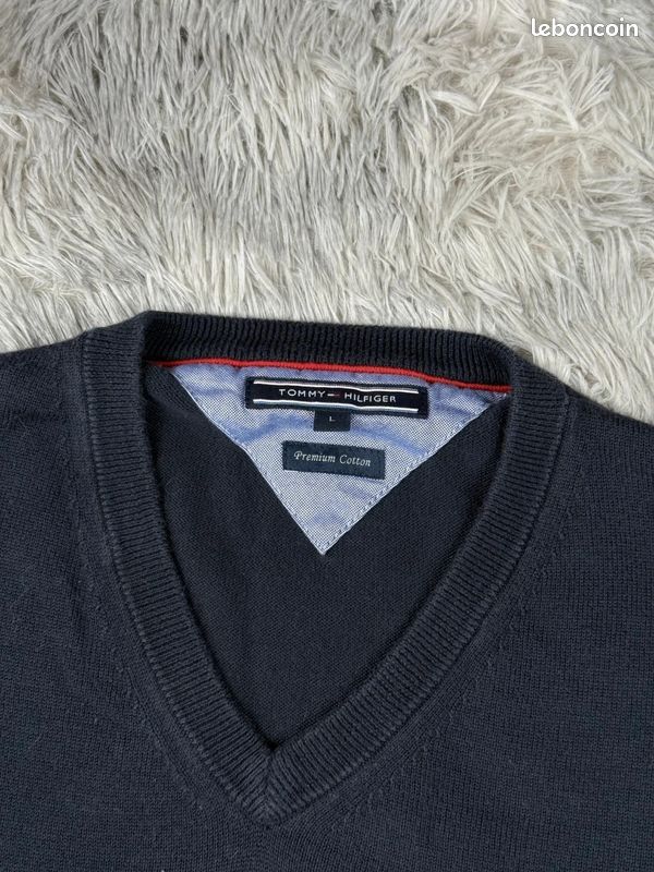 Pull à col V Tommy Hilfiger coton brodé bleu marine Homme taille L #PTM345 (image 5)