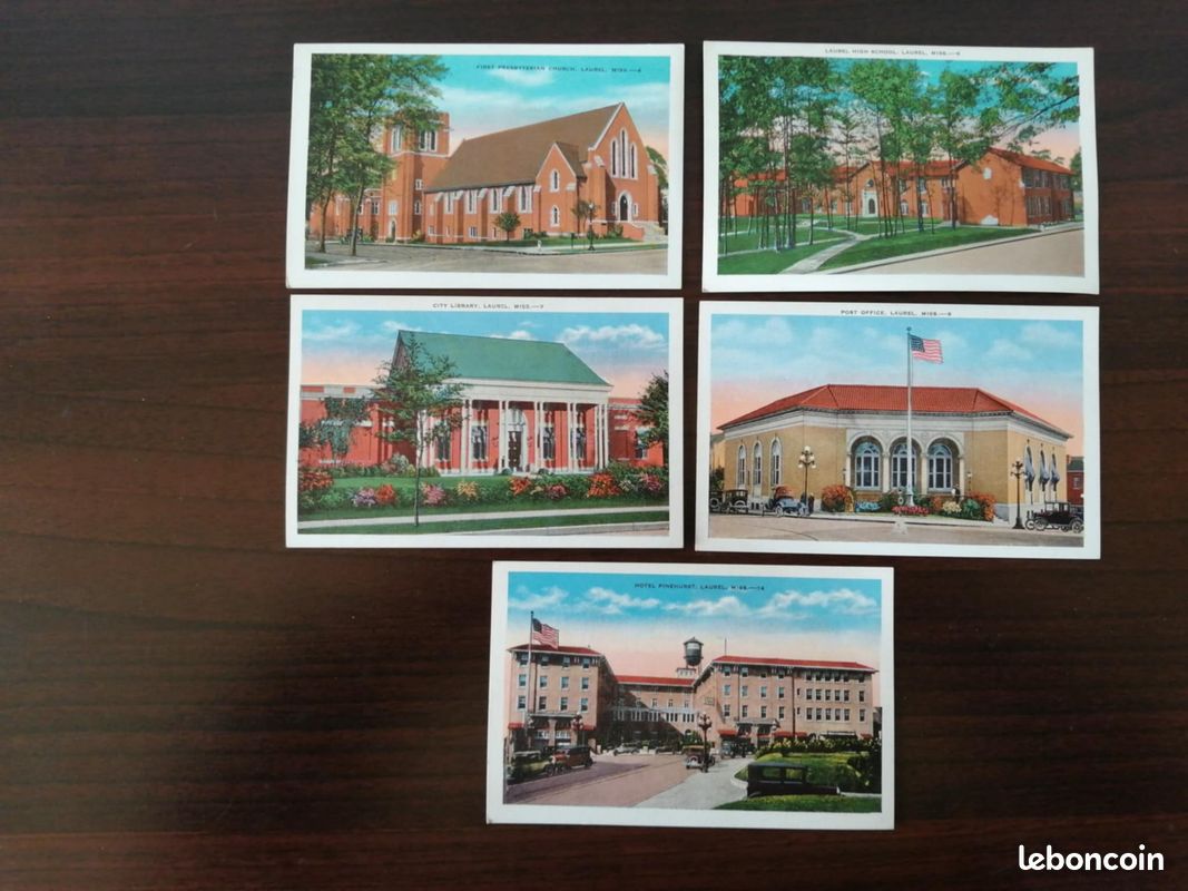 5 anciennes cartes postales, Laurel, Mississippi, états unis, vierges, couleurs (image 1)
