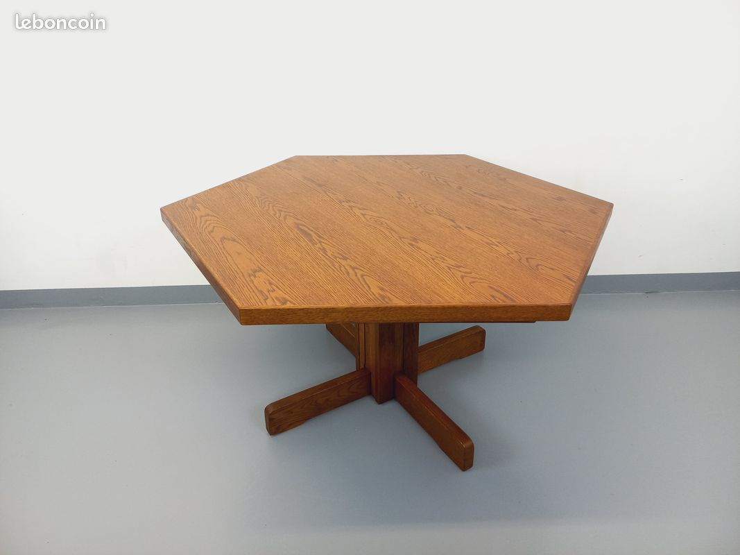 Table à manger hexagonale vintage des années 80 en bois de chêne (image 1)