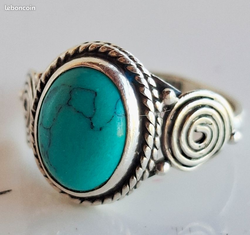 Bague vintage argent massif 925 avec pierre turquoise Motif spirale Shabby Chic Bohème (image 1)