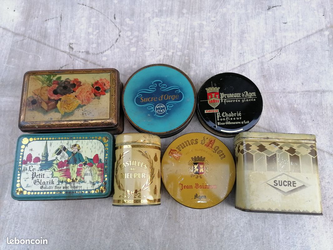 Lot de 6 boites publicitaires anciennes en métal pulmoll marcovitch pub