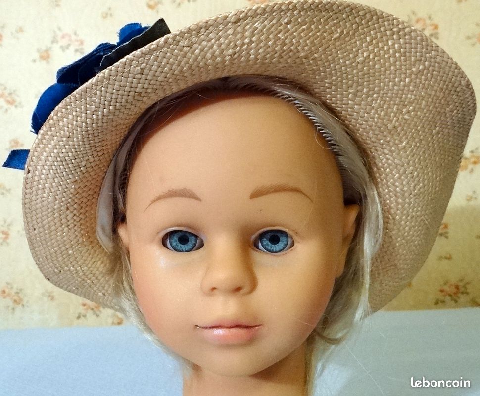 CHAPEAU EN PAILLE NATURELLE 1960 T. 53 cm avec RUBANS FLEUR EN TISSU BLEU mariage, été, défilé vintage, fabriqué en France (image 6)