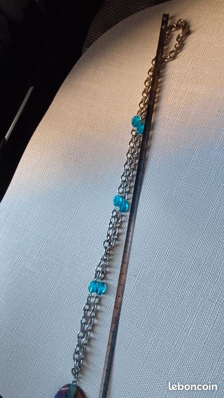 Collier Sautoir Long Vintage En Perles De Verre Bleu Turquoise Et Noir - Plus De 90 Cm