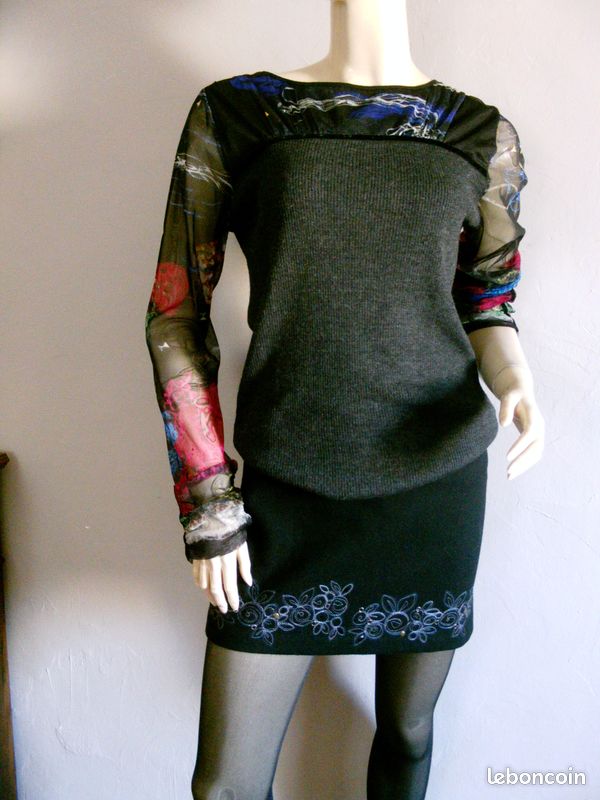 Pull CARLOPIK bi matière - Jersey anthracite (laine mélangée) + tissu imprimé transparent multicolore - T 40 / 42 - EXCELLENT ETAT (image 5)