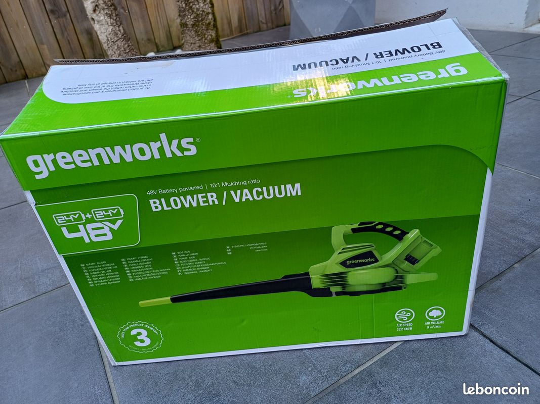 Aspirateur Souffleur Sans Fil Greenworks 40V - 280km/h, Sac 45L, Moteur Sans Balais, Sans Batterie