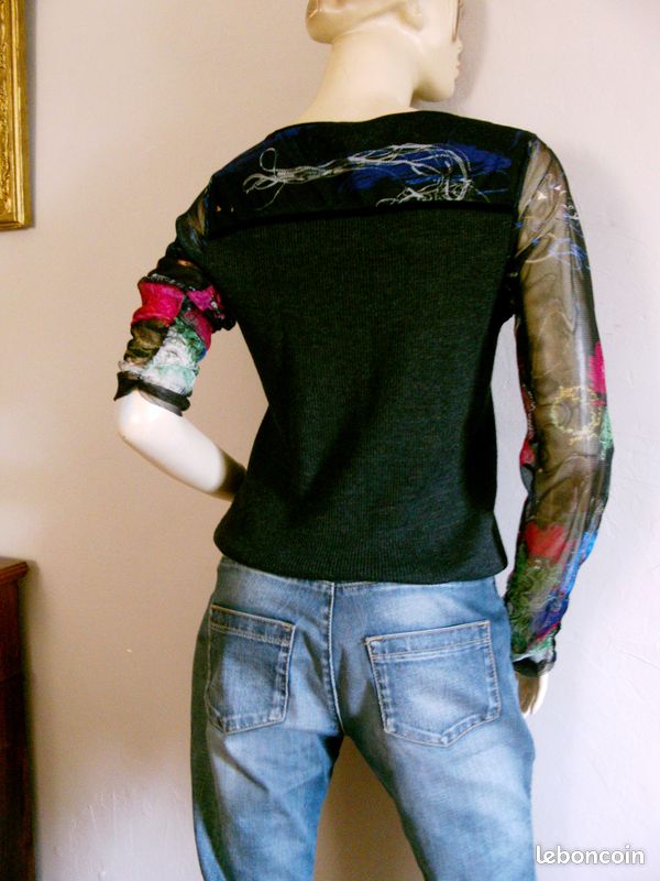 Pull CARLOPIK bi matière - Jersey anthracite (laine mélangée) + tissu imprimé transparent multicolore - T 40 / 42 - EXCELLENT ETAT (image 4)