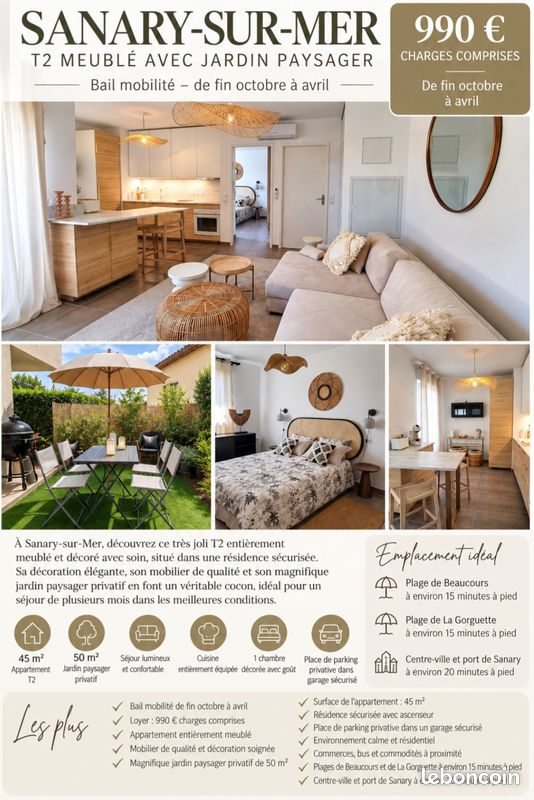 Appartement 2 pièces 45 m² · à Sanary-sur-Mer · 45 m² · 990 €/mois