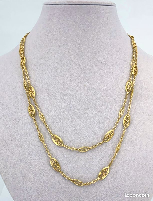 Collier Sautoir Ancien En Or Jaune 18 Carats Filigrané - Longueur 44 Cm - Occasion