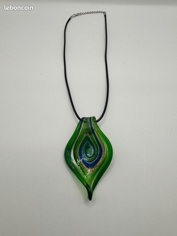 Pendentif Ancien En Verre Soufflé – Couleur Rose, Noir, Blanc, Cuivre, Cordon De 42 Cm