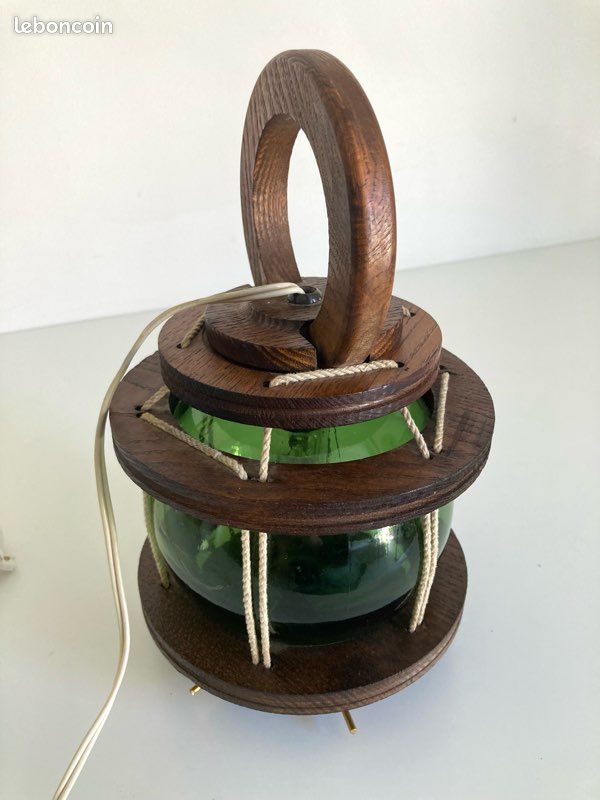 Lampe Marine Bois - Boule Verre Vert - Cordage Vintage