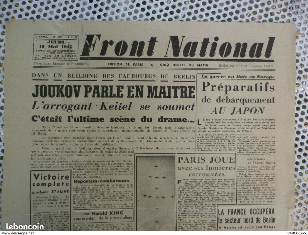 JOURNAL DE LIBERATION - FRONT NATIONAL - le 10 MAI 1945 - ORDRE DU JOUR DE GAULLE (image 2)