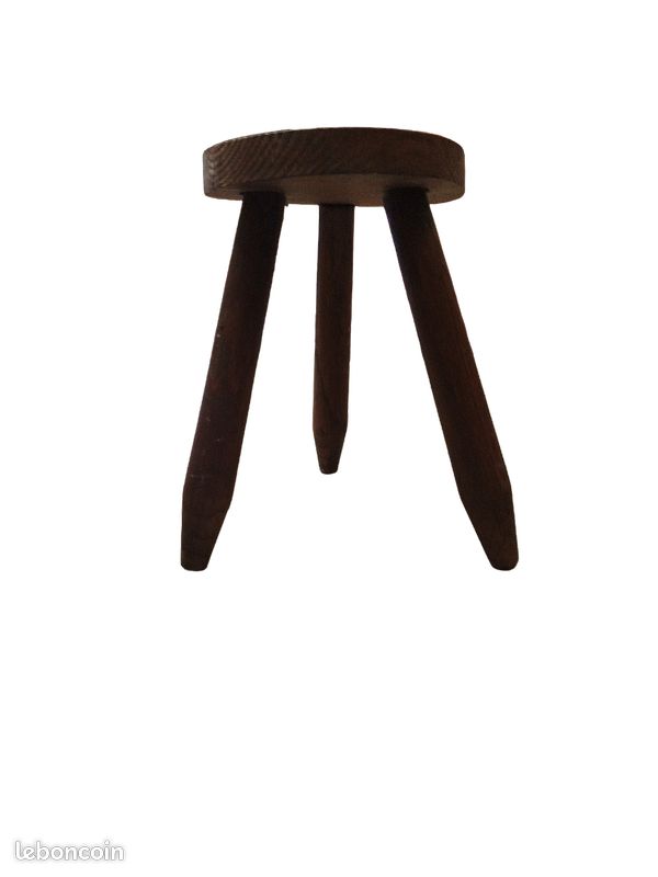 Tabouret Tripode Vintage en Bois Massif Brutaliste - Style Charlotte Perriand (image 1)