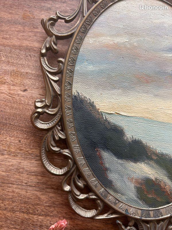 Magnifique cadre ovale ancien et peinture à l’huile – Ambiance bord de mer (image 3)