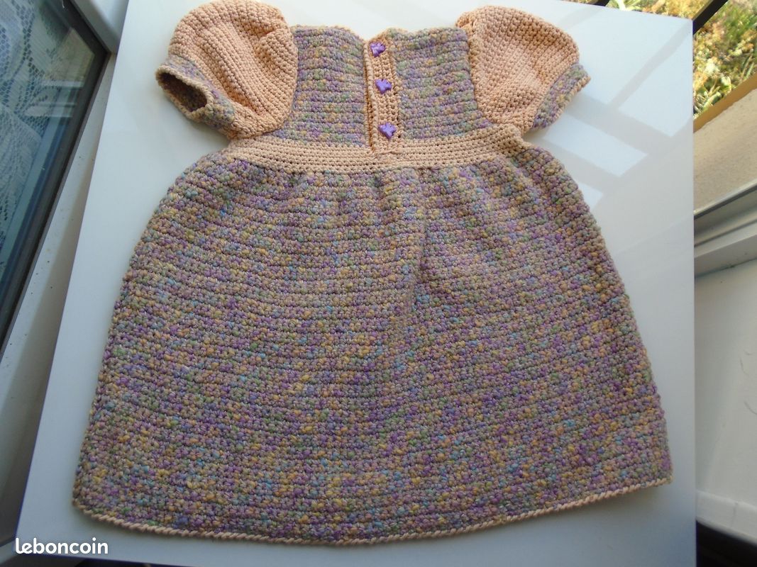 Robe été 2 ans, coton chiné lavande/rose/ saumon et saumon uni, manches ballon,NINITRICOTINE (image 7)