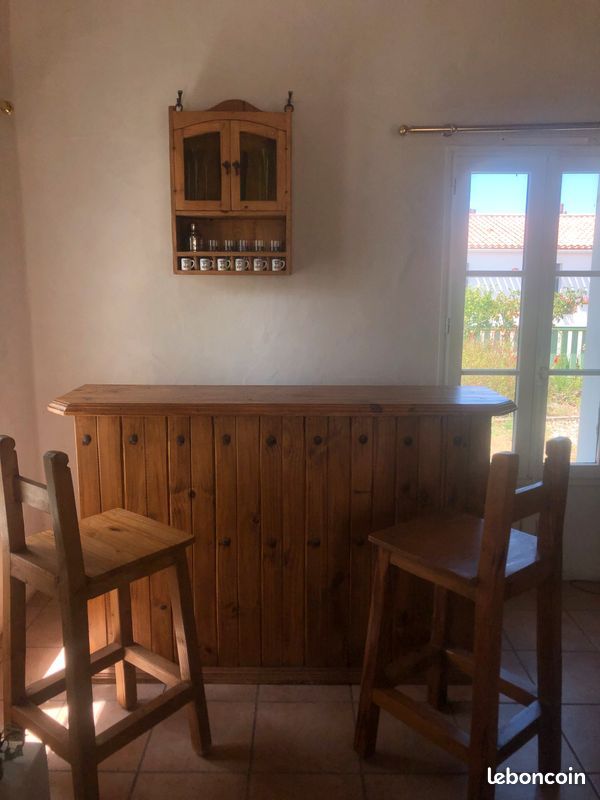 Meuble Bar Veracruz Bois Massif Très Bon Etat Avec 2 Tabourets Et Etagère Vintage Rare Avec Factures (image 1)