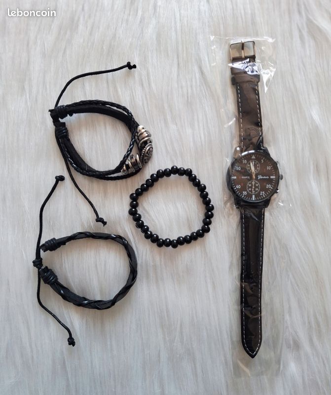 Montre YBOTTI Homme + 3 Bracelets Cuir – Quartz Noir – Sport – Cadeau NEUF