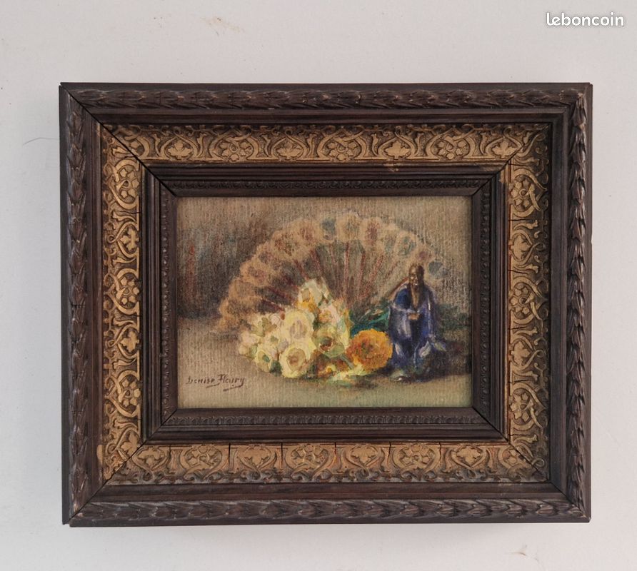 Broderie Ancienne Crewel Au Point De Laine, Motif Fleurs Et Animal, Style Chalet