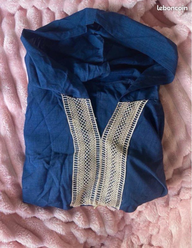 Djellaba bleu broderies dorées capuche - robe orientale élégante Aïd / soirée - taille unique (image 5)