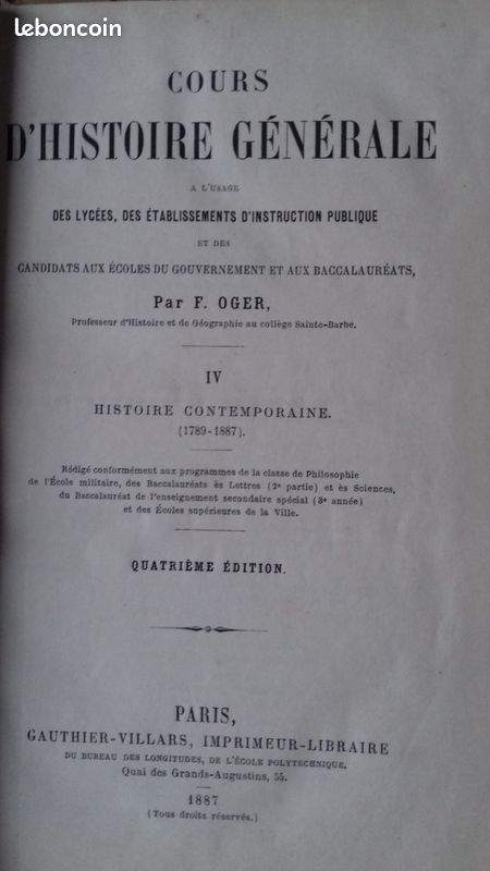 1 Livre de 1887 Cours d'Histoire Générale par F. OGER (image 1)