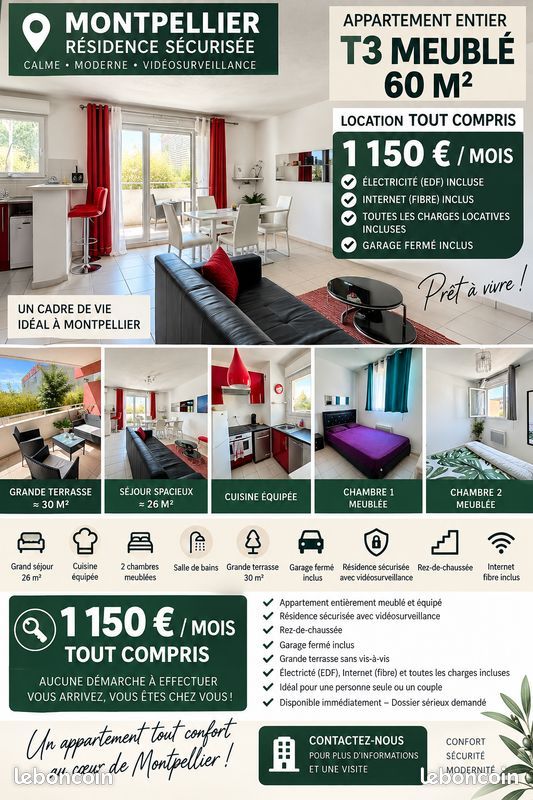 Appartement 3 pièces 60 m² · à Montpellier · 60 m² · 1 150 €/mois