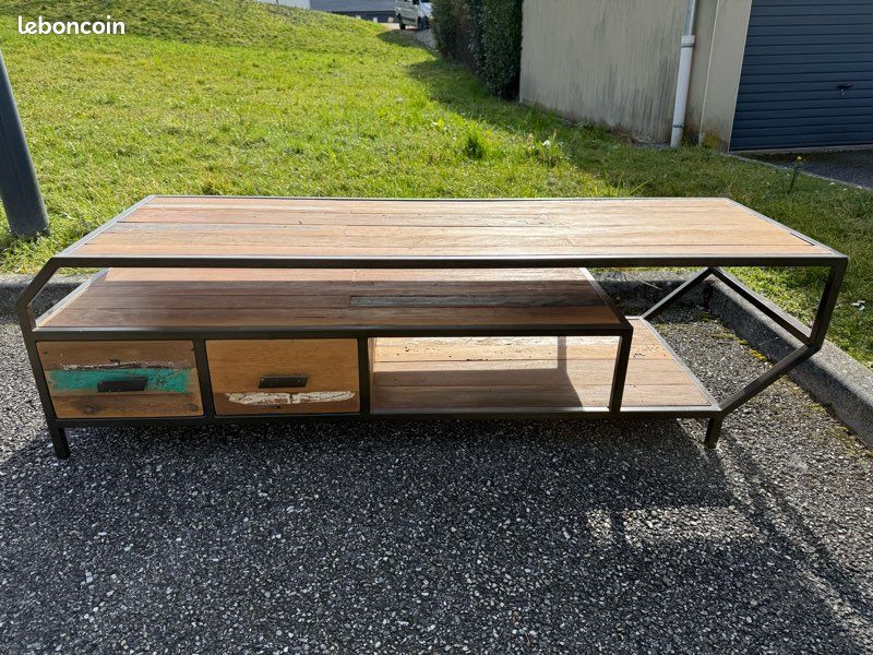 Meuble TV / table basse en bois de bateau et métal (image 7)