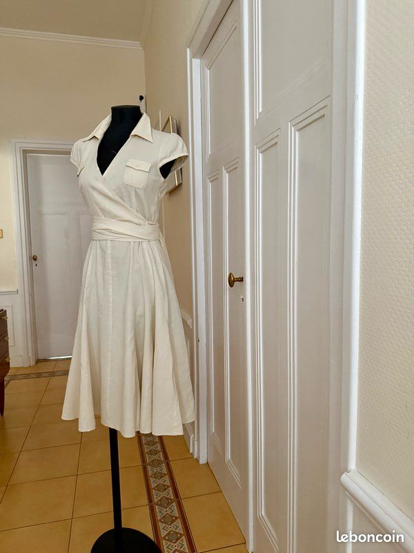 Robe cache-cœur écrue en lin mélangé, ceinture à nouer, taille M (image 1)