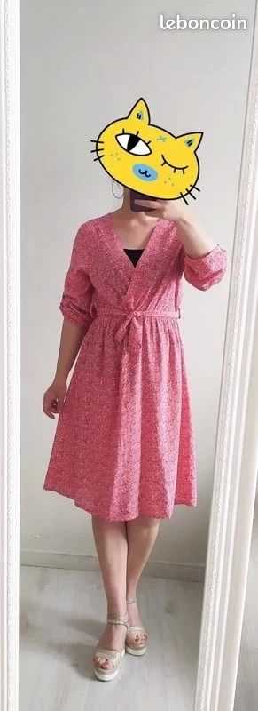 Robe été coton fleuri petites fleurs liberty rétro vintage col cache-coeur ceinture manches 3/4 (image 4)
