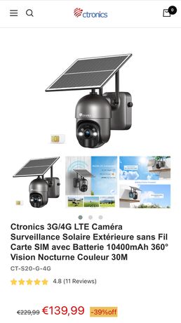 Ctronics 3G/4G LTE Caméra Surveillance Solaire Extérieure sans Fil Carte  SIM avec Batterie 10400mAh 360° Vision Nocturne Couleur 30M