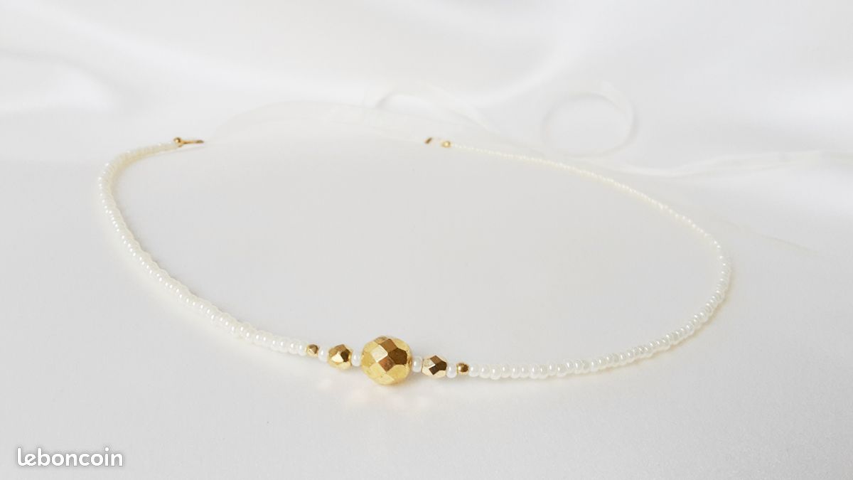 Headband perles ivoires et facettes dorées - ELISE - (image 2)