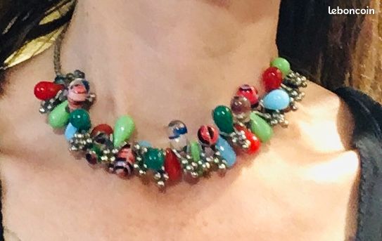 Collier Vintage Scooter Paris - Perles De Verre Vert Péridot Sur Métal étain, Longueur 34-39 Cm