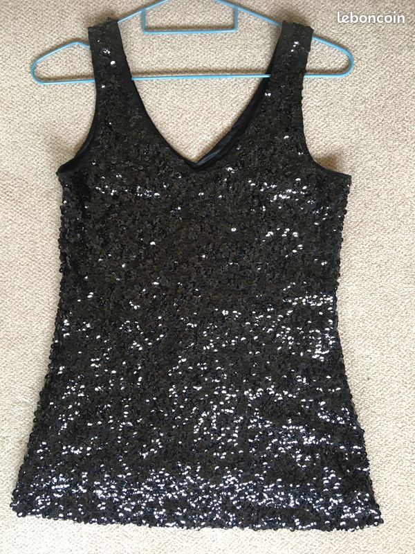 Top débardeur noir brillant à sequins (paillettes) MANER - taille 1 - col V pour fêtes, soirées, cérémonies... (image 3)