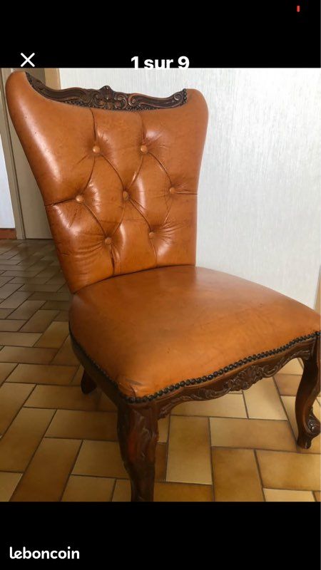Très belle chaise crapaud couleur fauve, cuir et bois, superbe (image 1)