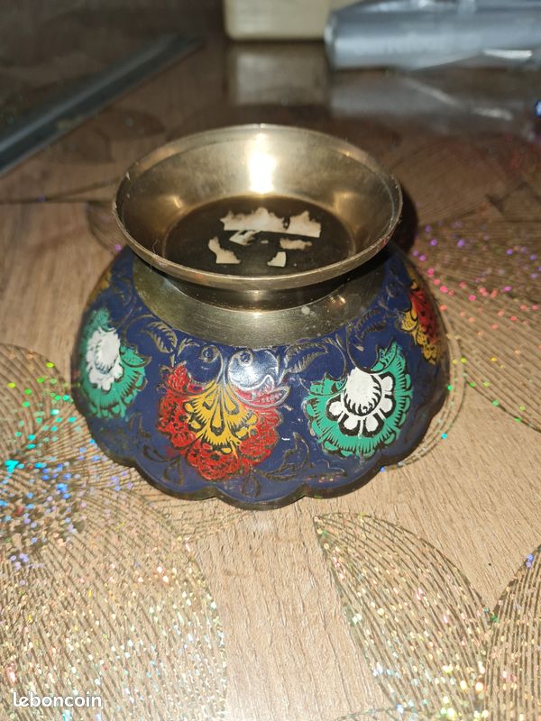 Coupe / Coupelle Vintage en Laiton Émaillé Peint à la Main - Motif Paon & Fleurs Champlevé (Inde / Orient) (image 4)