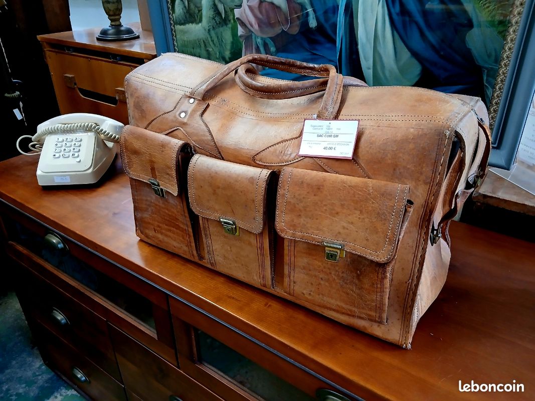 Ancien Sac De Voyage En Cuir Patiné – Valise E.B France – Fermoir Laiton