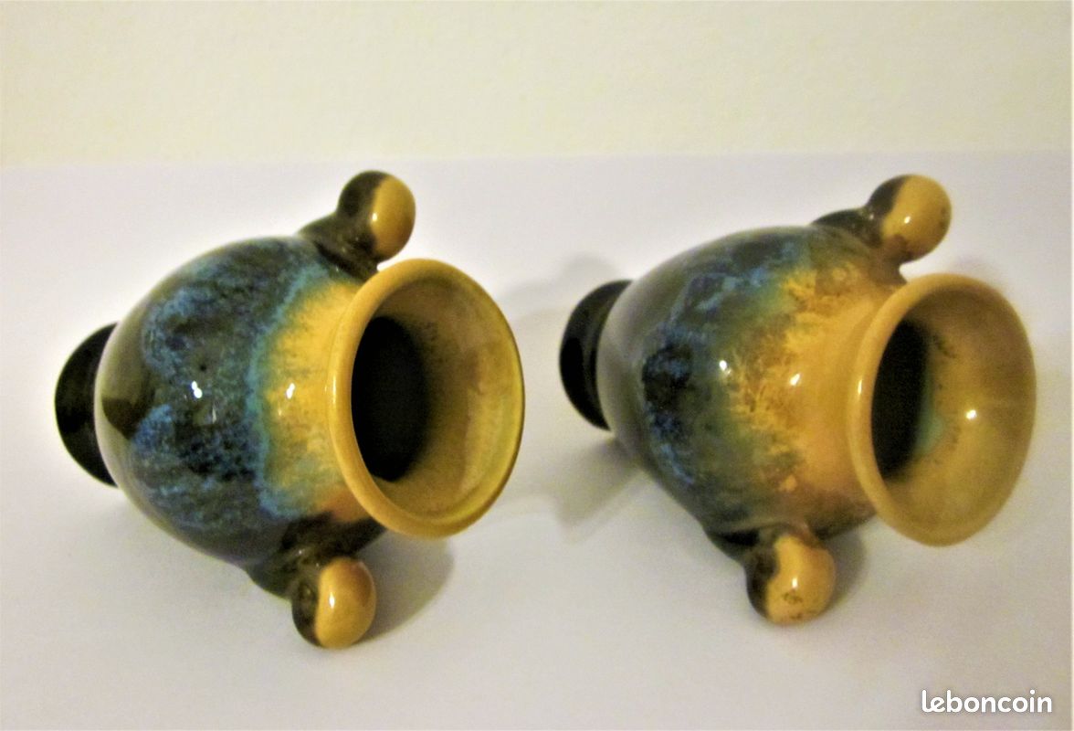 2 petits VASES en duo céramique brillante flammée H : 8,7 cm TBE Vintage (image 2)