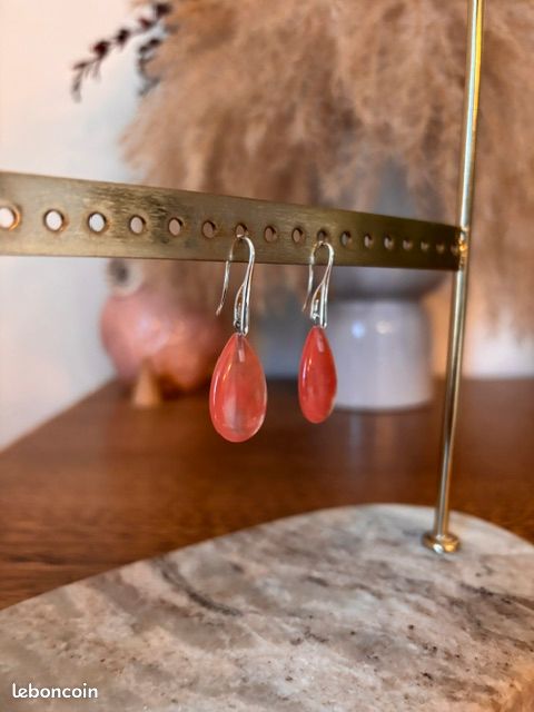 Boucles d'Oreilles Dormeuses Quartz Cerise | Cherry Quartz | Acier Inoxydable Argenté (image 2)