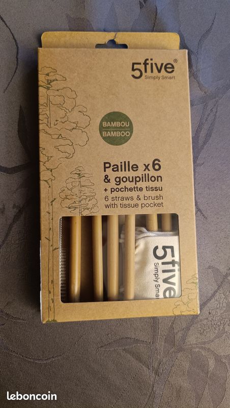 Paquet 6 pailles en bambou+ goupillon et pochette tissu de rangement (image 1)