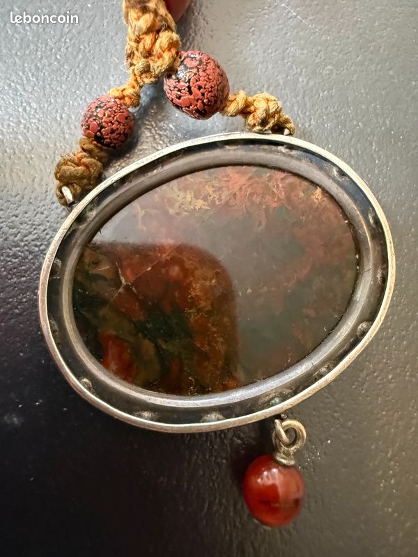 Pendentif Ancien Et Massif En Argent Et AGATE VÉRITABLE Rouge - Pièce Unique Et Très Beau Bijou - Occasion