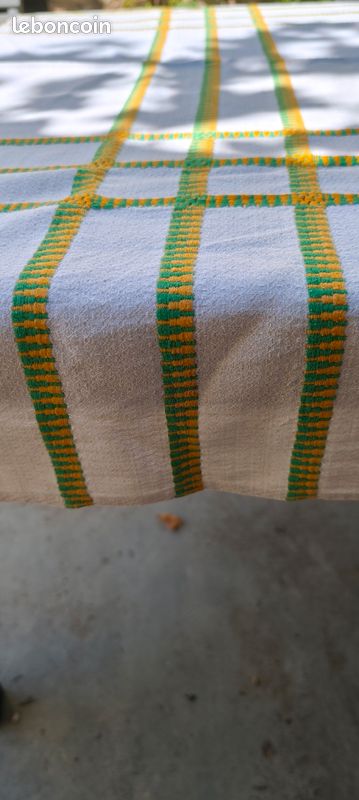Grande nappe blanche rétro à rayures tressées vertes et jaunes (Esprit Vintage / Campagne) (image 4)