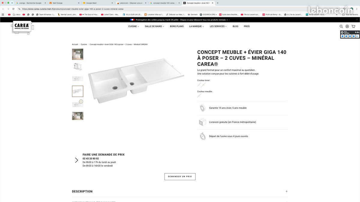 Evier a poser 2 cuves blanc minéral 140 cm (image 3)
