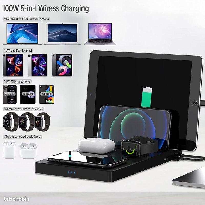 Grand Chargeur Induction 100W Sans Fil Rapide Tablette Smartphone Ecouteurs Montre Connectée - NEUF (image 4)