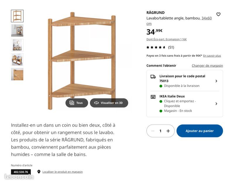 Meuble Lavabo/tablette angle RÅGRUND (Ikea), bambou, 34x60 cm (image 4)