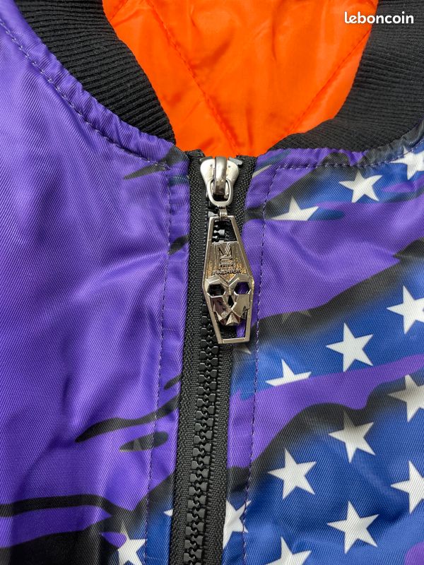 Blouson Bomber Vintage Noir Et Violet - Dos Imprimé - Taille Oversize L/XL - Occasion