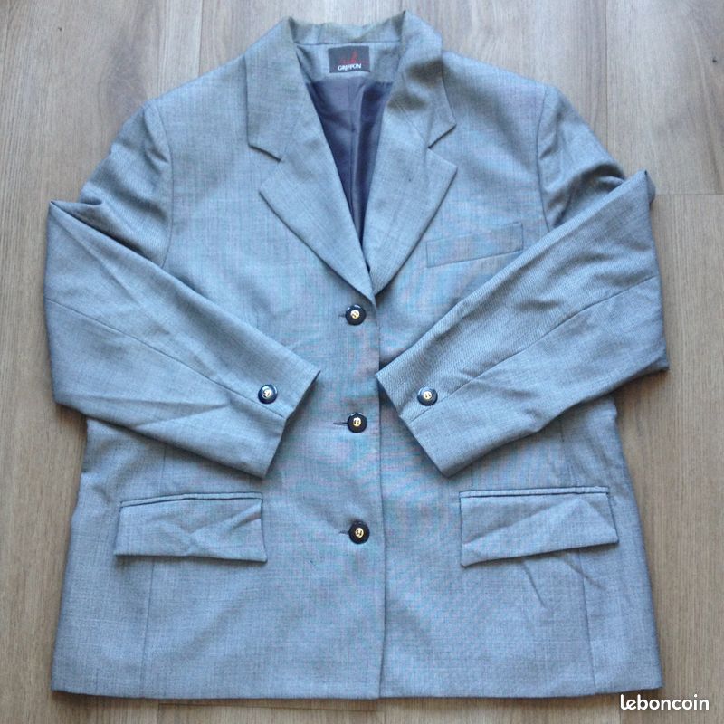 Veste de costume / Blazer vintage femme Marcelle Griffon – Laine peignée – Gris chiné (Taille 50 / Grande Taille) (image 8)