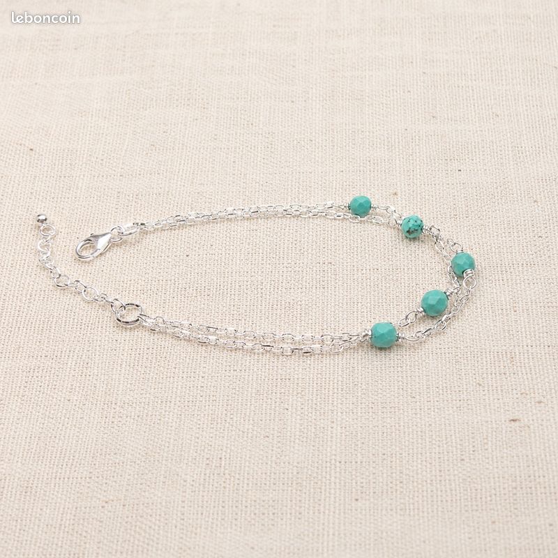 Bracelet double rang turquoise facettée Argent 925 (15-18 cm) (image 1)
