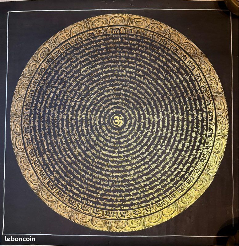 Thangka Mandala Om noir et or – Art spirituel du Népal (image 1)