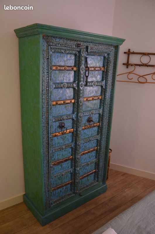 Armoire indienne en manguier massif bleue effet vieilli (image 2)